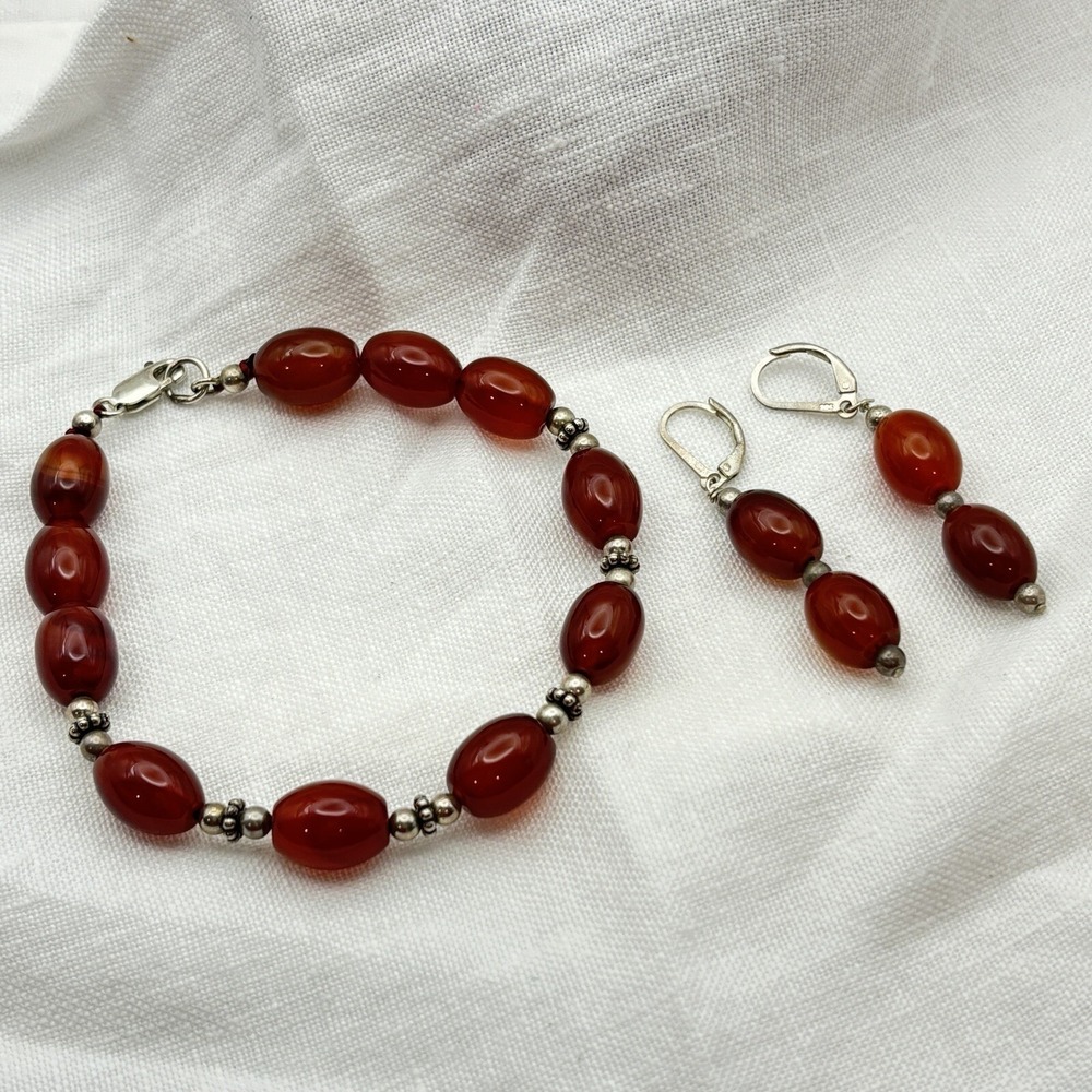 Vintage Carnelian Sterling Silver Bracelet Earring Set 925 Red Orange‎ Beaded